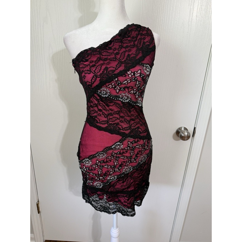 Y2K Goth Grunge Whimsigoth Hot Pink One Shoulder Mini Dress Black Lace Trim XS